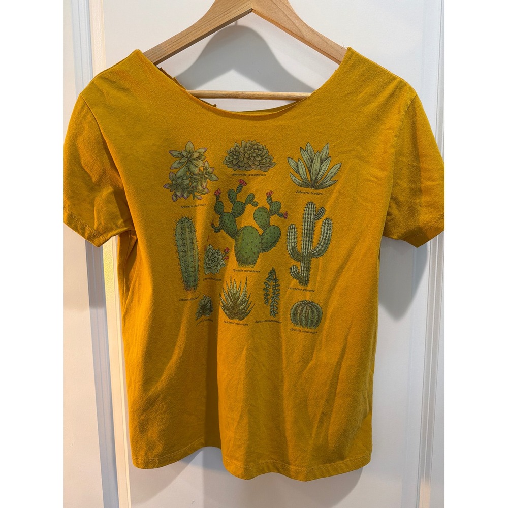Mustard Yellow Cactus Succulent Botanical Graphic Tee Raw Neck Short Sleeve